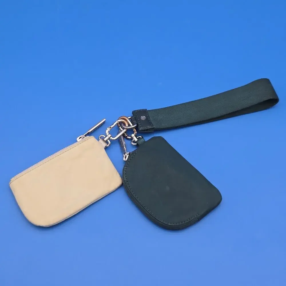 Lululemon Dual Pouch Wristlet Green Beige Gold Hardware Keychain Wallet